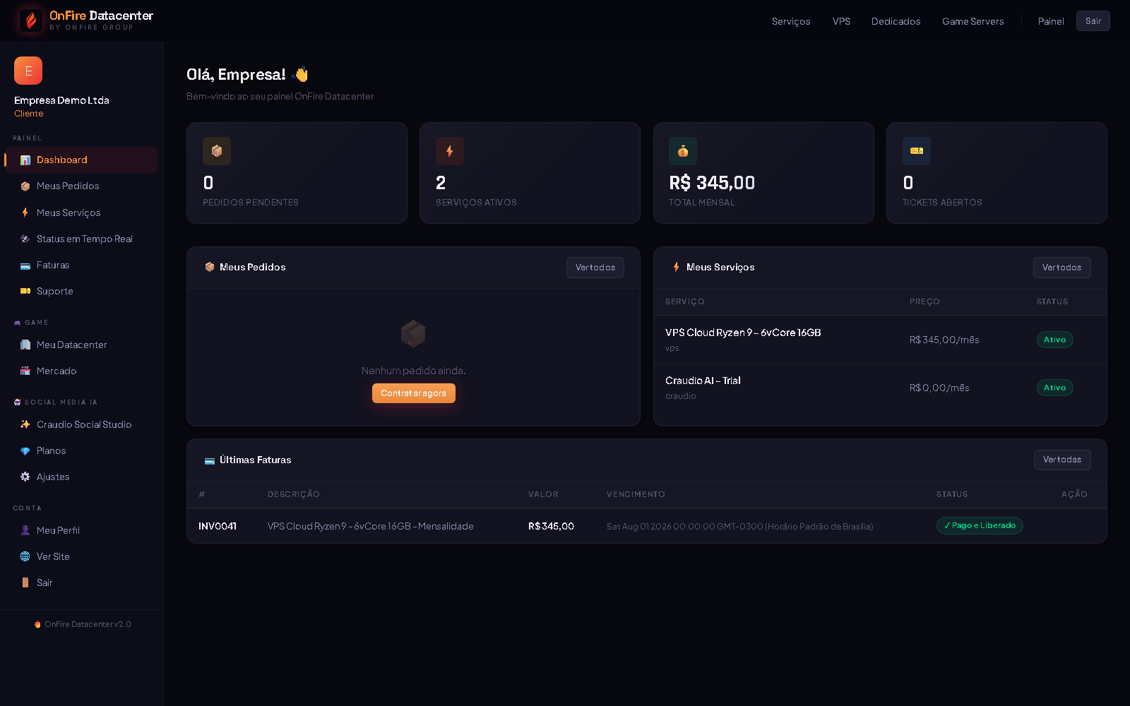 Dashboard do cliente